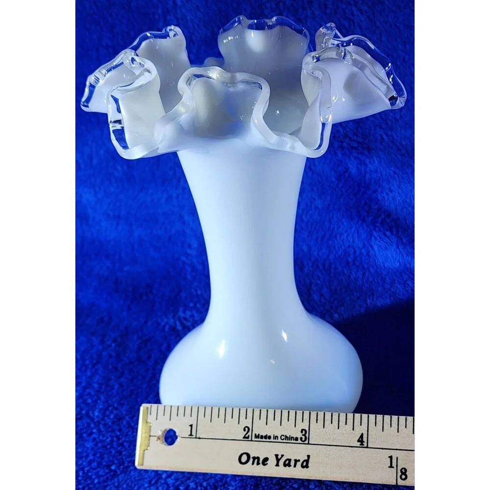 Vintage Fenton-Style Silver Crest Milk Glass Vase w/Clear Double Crimped Lip
